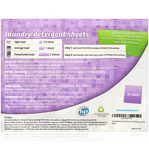 Homevative Laundry Detergent Sheets, Easy dissolve, 30 sheets, Lavender