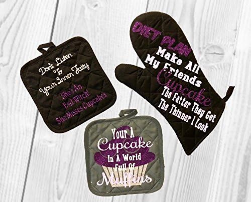 3pc. Oven Mitt / Pot Holder Set Cupcake Motivational Diet Quotes