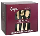 Kaya Collection - Disposable Plastic Gold Silverware Cutlery, Shiny Metallic Flatware 60 Forks, 60 Knives and 60 Spoons Groove Design (180 Pc)