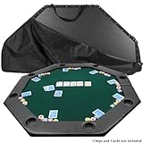 This brand new style of folding poker table has a segmented center which allows for smother action during play. The 51 inch by 51 green inch surface is lined with a supple arm rest that includes built in cup holders for each of the eight peop...