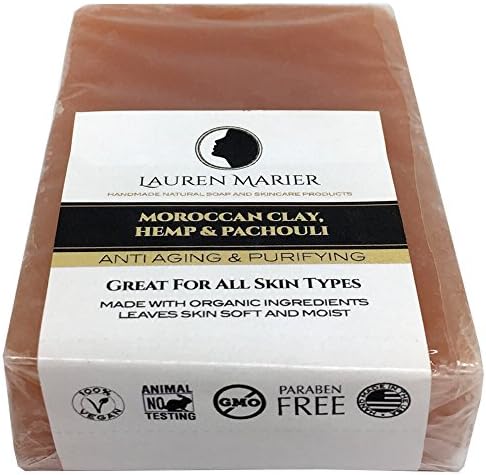 Moroccan Clay Soap, Handmade in the USA, 100% Organic W/ Hemp Oil, For All Skin Types, Face &amp; Body, Men, Women &amp; Teens, Purifying &amp; Anti-Aging Soap by Lauren Marier (Moroccan Clay Soap, 1 Count)