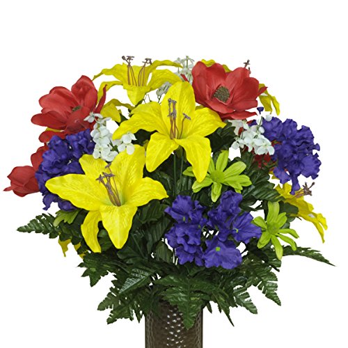 Red Magnolia and Yellow Lily Mix Artificial Bouquet, featuring the Stay-In-The-Vase Design(c) Flower Holder (MD1239)