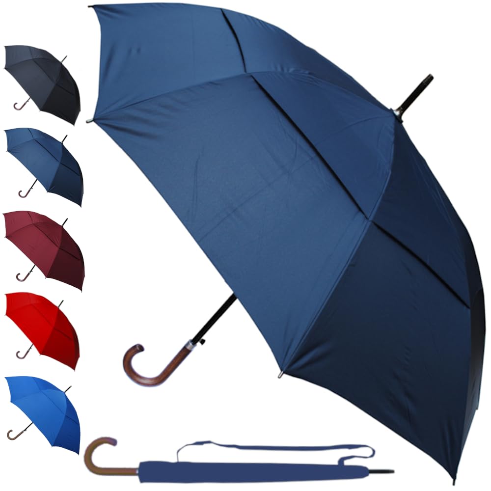 60MPH Windproof Umbrella Large Strong Umbrella - StormDefender City - Best for Vented Double Canopy - Auto Open - Solid Wood Hook Handle - Rainproof Designer Big Golf - Navy Blue