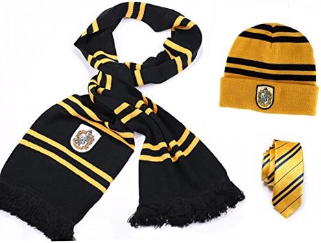 Harry Potter Gryffindor-Hufflepuff-Ravenclaw-Slytherin House Scarf + Tie + Hat/Cap Costumes Accessories Cosplay (Yellow-Hufflepuff)