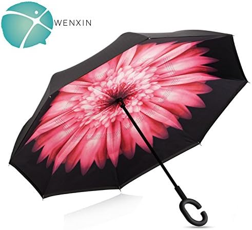 WENXIN Double Layer Inverted Umbrella with UV Protection, C-hook Reverse Folding Umbrella, Windproof for Hands Free, for Car Use, Golf, Large (Pink Daisy)