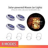 Upgraded Solar Mason Jar Lid Lights, 4 Pack 20 LED Hanging String Lights Solar Lantern Hangers with Metal Handle 8 Lighting Modes String Fairy Lights for Table Outdoor Patios Party Garden Décor Lights