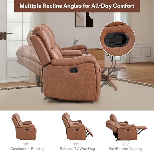 CANMOV Leather Recliner Loveseat, Manual Reclining Sofa with Hidden Cup Holders & Storage Console, Padded Headrest & Lumbar Support Recliner Couch for Living Room, Home Theater, Brown (Loveseat)