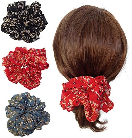 3Pack Elegant Large Flower Women's Chiffon Hair Scrunchies Hair Bow Chiffon Ponytail Holder -DY001