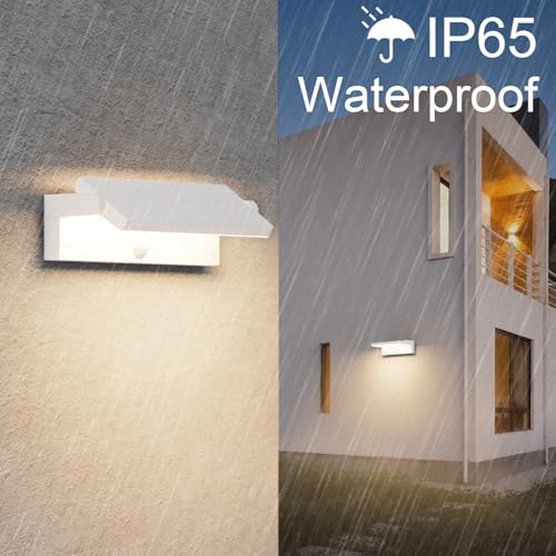 Klighten 45W Outdoor/Indoor Wall Light with Motion Sensor, Wall Lamp with LED Rotating Panel, IP65 Modern Lighting Lamp for Entrance Terrace, 3480LM, Warm White 3000K, White