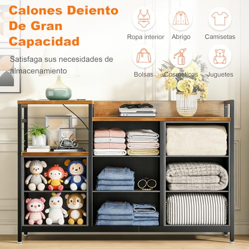 STAR BURN Cómoda para Recamara,Cajonera con Estación de Carga y 8 Cajones Deslizantes de Tela,Comodas Muebles para Recamara con Estantes Abiertos de Madera,Mueble Organizador Recamara Gris+Marron