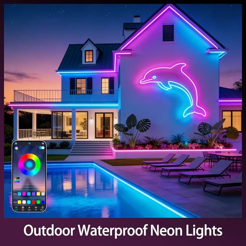 Lucienstar 20M RGB Neon LED Strip 24V IP65 with Remote Control/APP, Music Sync, Multiple Mode, Flexible LED Tape for Bedroom Outdoor Decoration(10mx2)