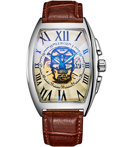 SEWOR Mens Automatic Business Dress Tonneau Skull Skeleton Wrist Watch Mechanical Self Wind (Sliver)