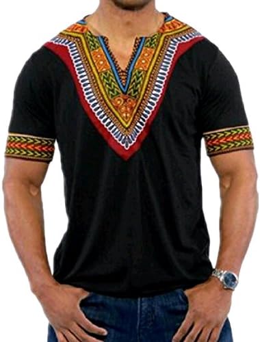 QueenHands Mens Ethnic Style Dashiki Printing Lounge Short Sleeve Fashionable Tees Top T-Shirt Black XS