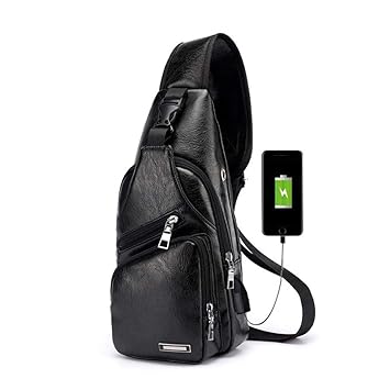 Pawaca Herren Sling Schultertasche, PU-Leder Outdoor-Brusttasche mit USB-Port Casual Umhängetasche Satchel Rucksack für Herre
