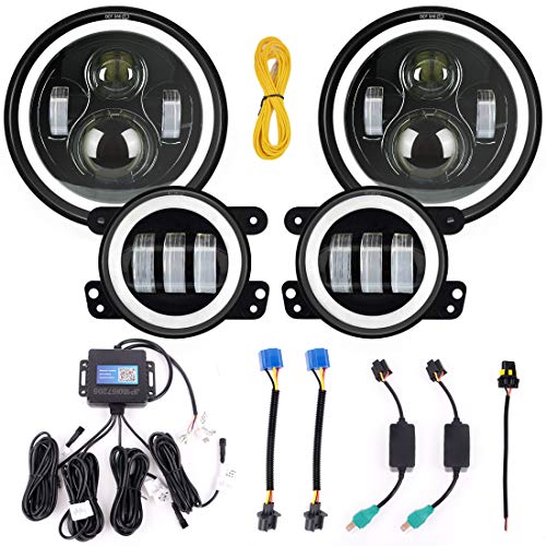 7" LED Headlights with RGB Halo + 4" LED Fog Lights for Jeep Wrangler 1997-2017 JK TJ LJ Bluetooth Remote Control - Thumbnail 5