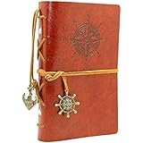 Leather Writing Journal Notebook, EvZ 7 Inches Vintage Nautical Spiral Blank String Diary Notepad Sketchbook Travel to Write in, Unlined Paper, Retro Pendants, Classic Embossed, Red Brown