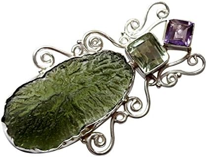 Moldovite Amethyst Gemstone Silver Layered Pendant Jewelry # 11871