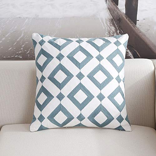 Homyall Square Pure Cotton Embroidered Cushion Cover 18x18 Inch Decorative Throw Pillow Cover Purified Cotton Embroidery Dimetric Cushion Cover for Couch Sofa Bed, 1 Piece (Blue-Square)