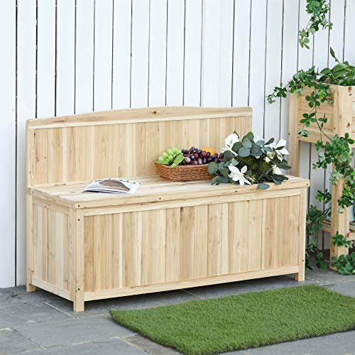 Outsunny Gartenbank mit Stauraum Truhenbank Sitzbank 2-Sitzer 250 kg Belastbarkeit Natur Tanneholz 115 x 45 x 75 cm – Bild 7