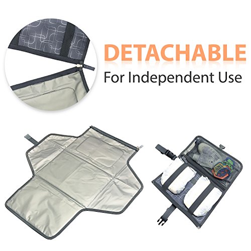 Portable Diaper Changing Pad for Baby to Toddler - Waterproof Cushioned Pad and Built in Head Pillow, 3 Pockets - Wipeable - Lightweight On the Go Diapering Solution - Stylish Unique Design - Grey
