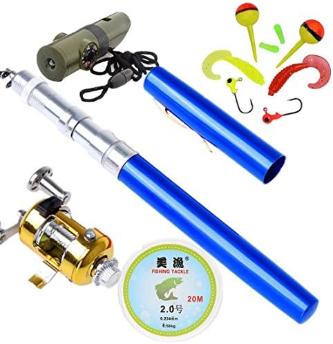 jatzde Portable Mini Telescopic Pen Fishing Rod Reel Combo Set —— Pocket Fishing Rod Pole + Reel Aluminum Alloy + Fishing Line + Soft Lures Set+7 in 1 Emergency Survival Whistle
