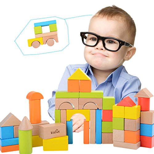 ZONXIE KAJA Classic Wooden Building Blocks Sets 80 Pcs Natural and Color Blocks for Toddlers Educational Preschool Learning Toys with Carrying Bag