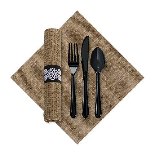 Hoffmaster 120006 FashnPoint Burlap CaterWrap with Print Dinner Napkin and Black Cutlery, Pre-Rolled, 15.5