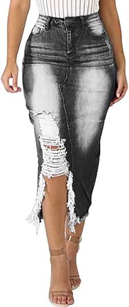 ripped split denim skirt