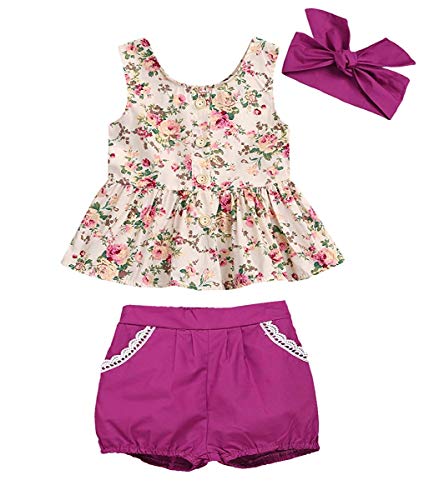 Toddler Baby Girls Shorts Outfits Set Floral Print Ruffle Dress Shirt Tops+Short Pants Summer Dresses 3PC Set(12-18M) Purple