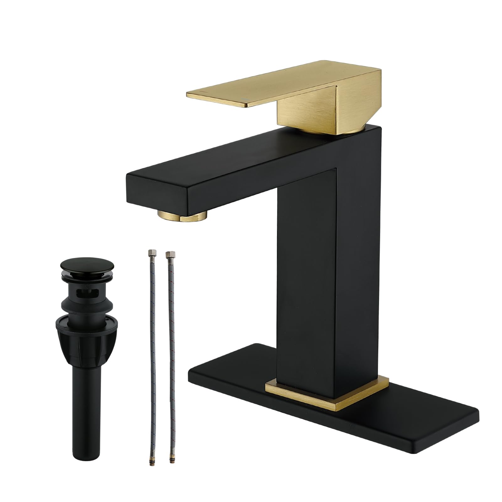 Photo 1 of BARROCK Bathroom Faucet & Pop Up Drain Stopper with Overflow, Stainless Steel Single Handle Bathroom Vanity Sink Faucets with Water Supply Hoses and Deck Plate for 1 Hole or 3 Holes, Black and Gold