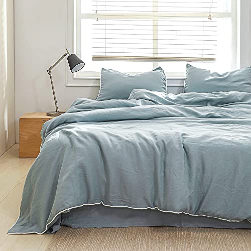 Simple&Opulence 100% Washed Linen Duvet Cover with Pom Pom Trim, Natural French Flax Bedding Set Soft Breathable,1 Farmhouse Boho Comforter Cover and 2 Pillow Shams(King,Stone Blue)