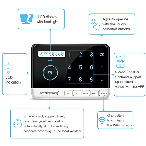 ECHTPower 9 Zone Smart Sprinkler Controller, Designed with WiFi Irrigation Timer, Compatible with Alexa and Google home