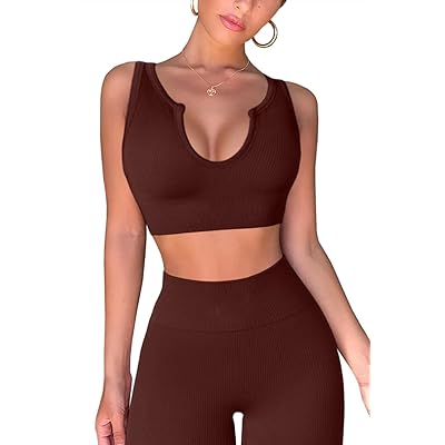 Fafofa workout outfits for women 2 piece ribbed seamless crop tank high waist yoga leggings sets Clearance