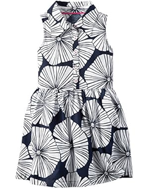 Girl Sleeveless Hibiscus Printed Shirt Dress; Navy & White (2T)