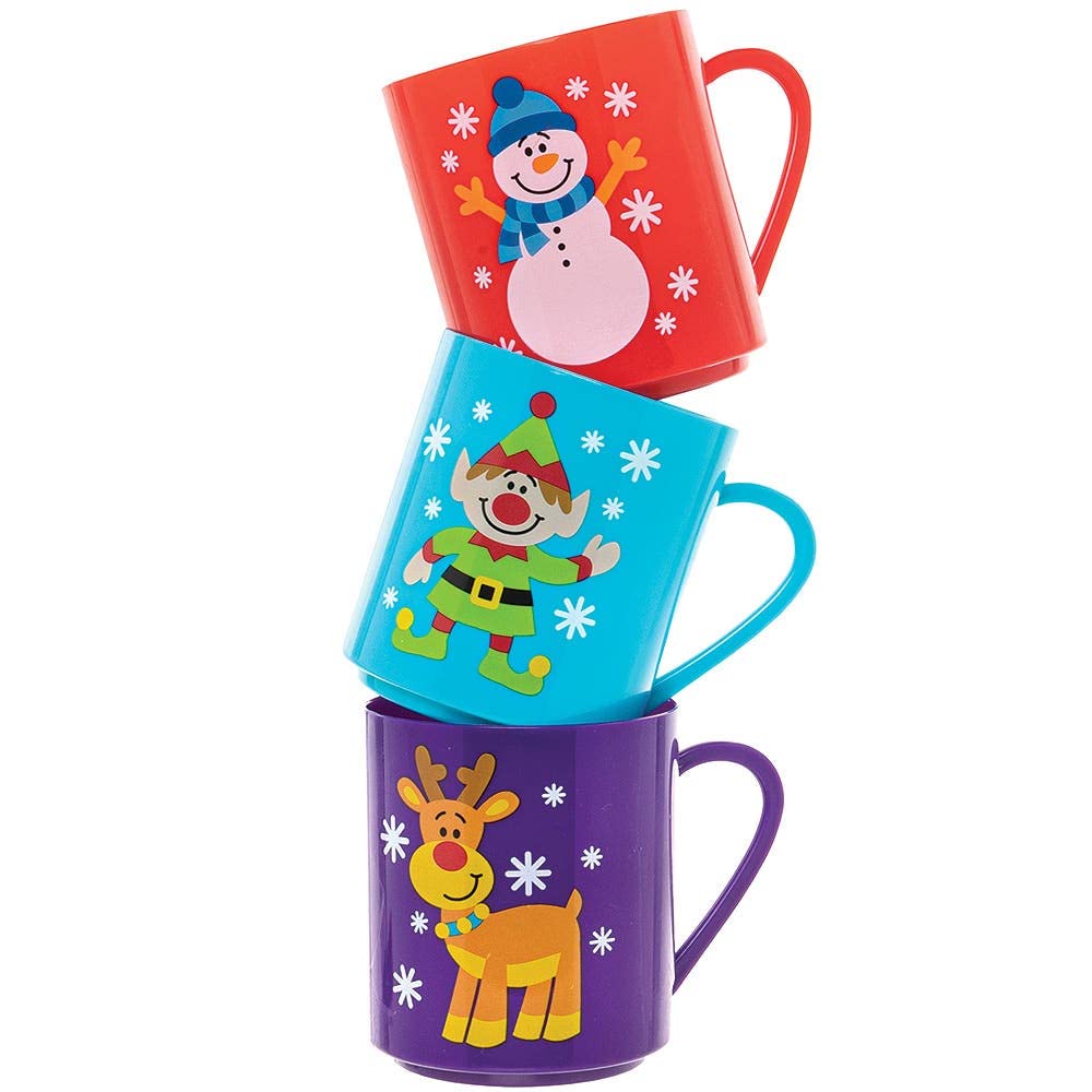 Baker Ross FX398 Christmas Chums Mugs - Pack of 4, Kids Plastic Festive Mugs, Xmas Kids Cups, Reusable Plastic Cups for Children