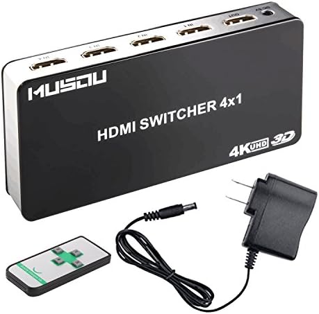 HDMI Switch,Musou 4 Port HDMI Switcher Hub with Wireless Remote Control & AC Power Adapter Supports Ultra HD 4K 3D 1080P