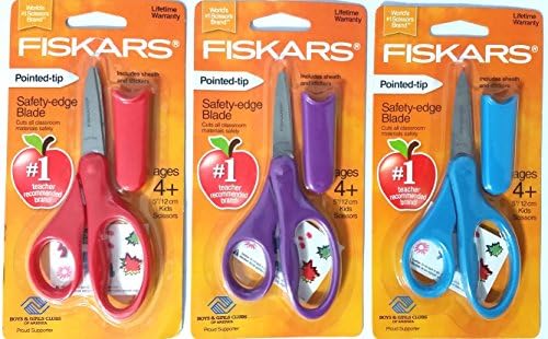 Fiskars 5 Inch Pointed-Tip Kids Scissors 3 Pack, Red Purple Turquoise