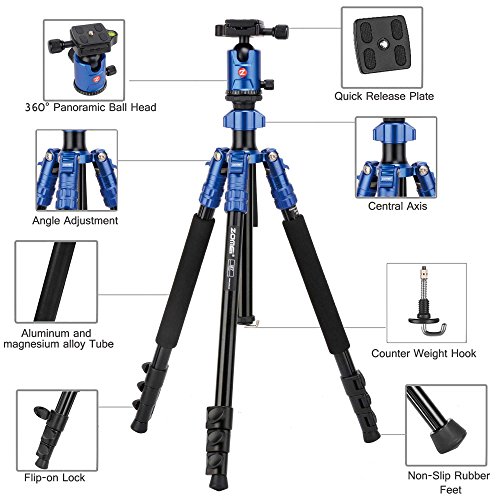 Zomei Camera Aluminium Tripod 63 Inch with Ball Head Quick Release Plate DSLR Travel Tripod for Canon Nikon DSLR DV Scope camcorders and Projector(Blue)