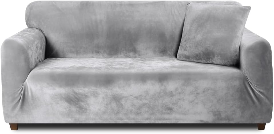 Teynewer Thick Velvet Sofa Covers 4 Seater Light Grey with 1 Pillowcase
