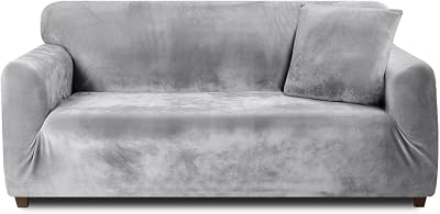 Teynewer Thick Velvet Sofa Covers 4 Seater Light Grey with 1 Pillowcase