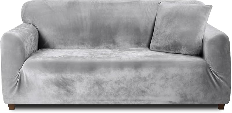 Teynewer Thick Velvet Sofa Covers 4 Seater Light Grey with 1 Pillowcase