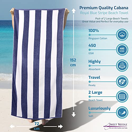 SweetNeedle Beach Towels for Adults Pack of 2 - Royal Blue-White Cabana Striped Classic - 100% Cotton Terry Ringspun Pool Towel, Quick Dry, Super Absorbent Swimming large towel, 76x152 cm