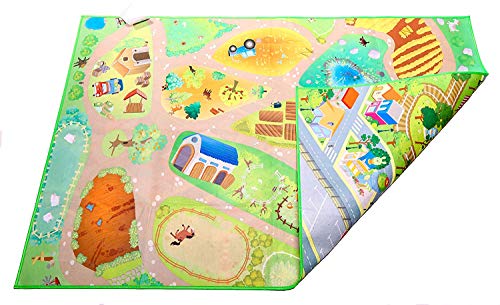 Kids Double Sided Felt Play Mat Bundle - 2 in 1 City & Farm, Indoor/Outdoor, Machine Washable 59" L x 39" W with Wooden School and firestation Accessories