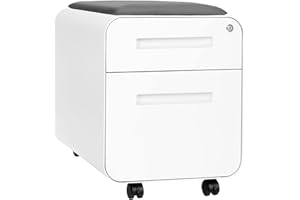 Laura Davidson Furniture STOCKPILE Mini Seated 2 Drawer Mobile File Cabinet with Removable Magnetic Cushion Seat - Short Version, Metal Filing Cabinet, Pre-Assembled, White with Grey Cushion