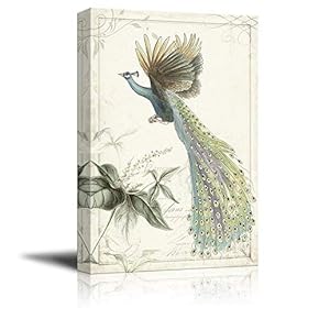 Vintage Style Flying Peacock on Floral Background