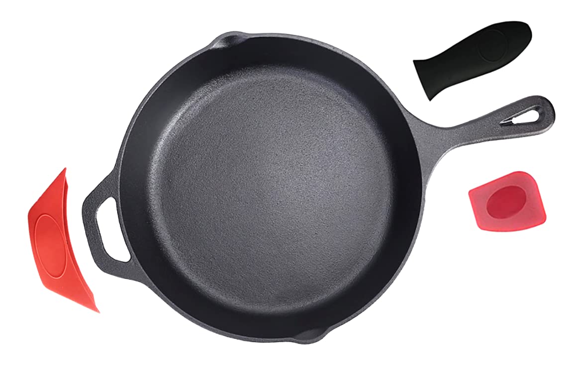 Pinnacle Cookware – 12 Inch Cast Iron Skillet Pan (30cm) | Pre-Seasoned Heavy Duty Frying Pan for All Hobs, Oven & BBQ | Includes Silicone Handle Covers & Scraper Set