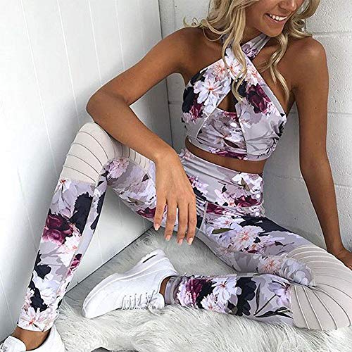 Bestmemories Women's Sportswear Flower Print Stitching Yoga Fitness Set Women's Sports Wear Exercise Clothing