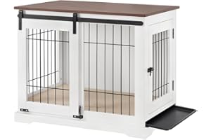 beeNbkks Dog Crate Furniture with Sliding Barn Door, Stylish Double Doors Wooden Kennel with Tray and Cushion, Decorative Indoor Pet House Side End Table for Medium Large Dogs