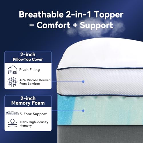 NicePlus Dual Layer 4 Inch Memory Foam Mattress Topper Queen, 2 Inch Cooling Gel Memory Foam and 2 Inch Soft Pillow Top Mattress Pad Cover for Back Pain Relief, with Elastic 21" Deep Pocket