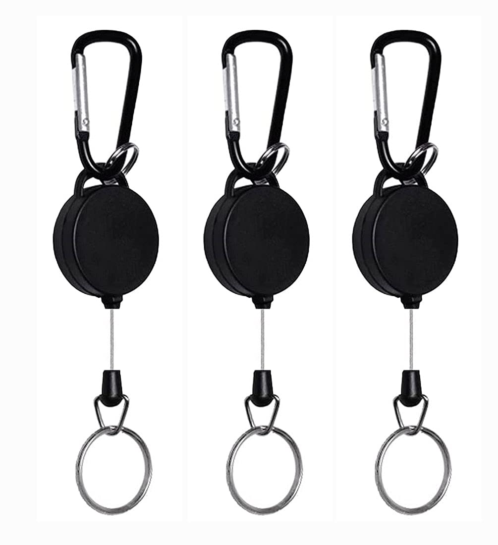 3 PCS Retractable Badge Reels, Extendable Key Chain Keyring, Key Lanyard Key Belt Reel Keychain Clips for Key Ring ID Card Badge Holder, Black